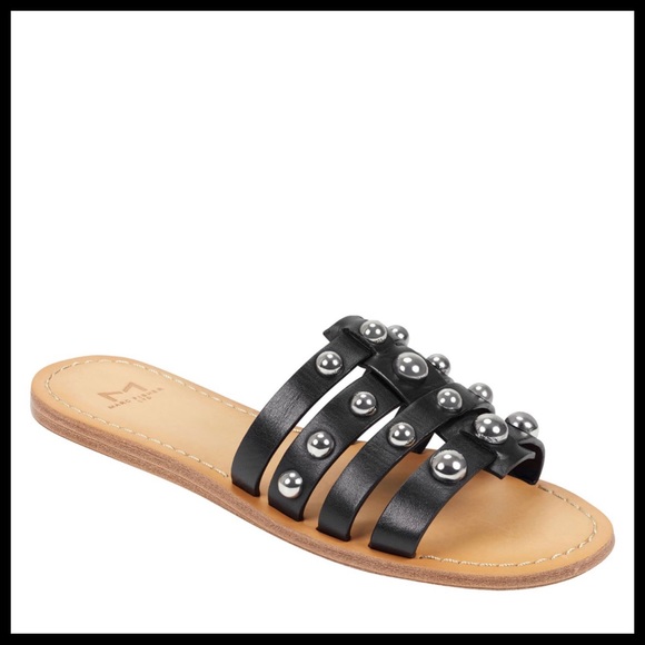 BLACK LEATHER SANDALS SLIDES MARC FISHER SLIP ONS STUDD CAGED FLATS A2C - Picture 2 of 16